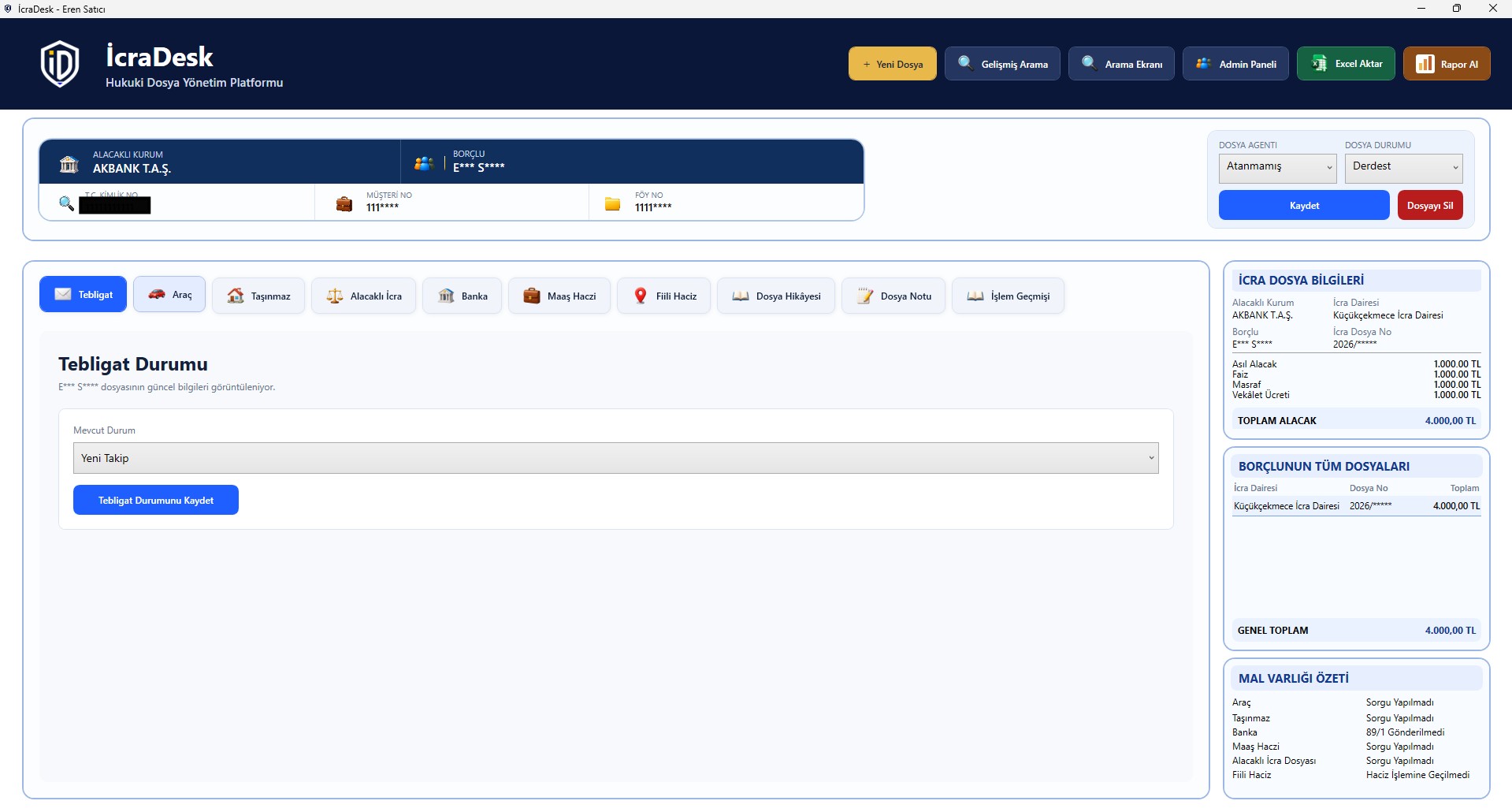 İcraDesk dosya detayı ekranı