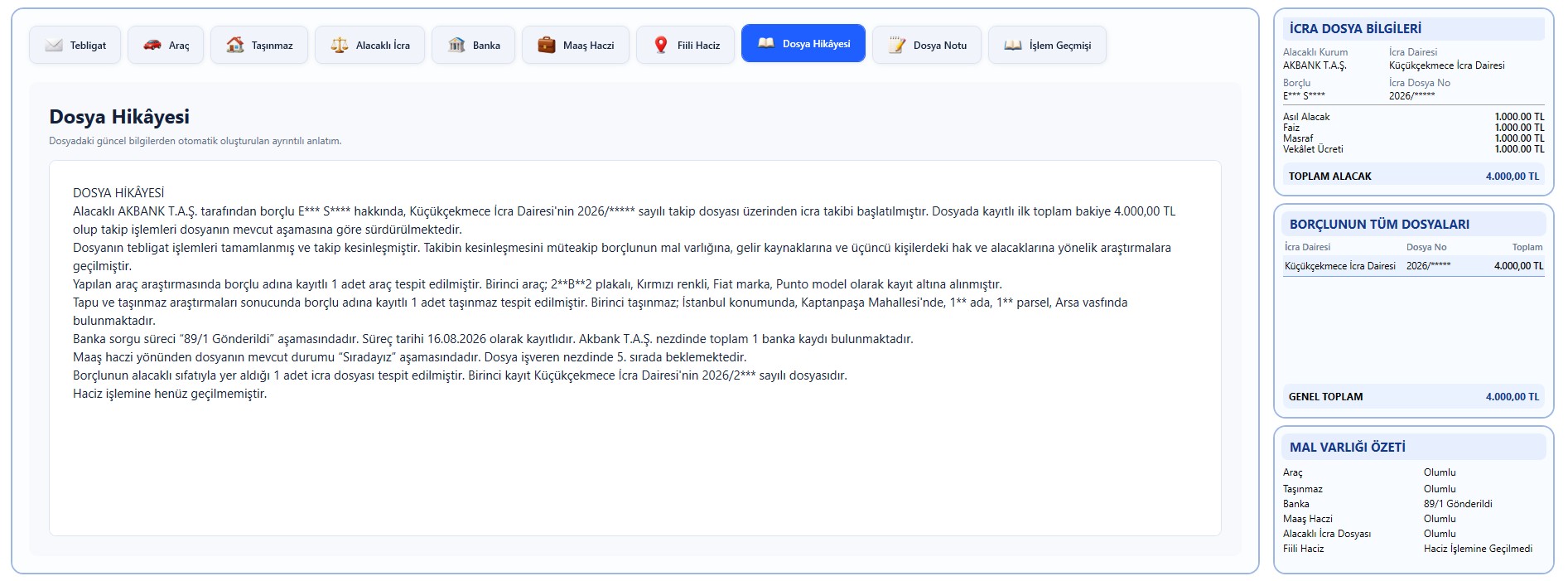 IcraDesk dosya hikâyesi ekranı