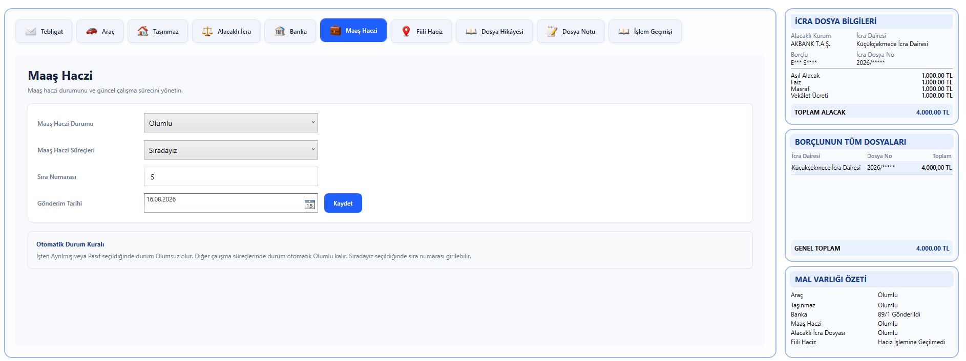 IcraDesk maaş haczi ekranı