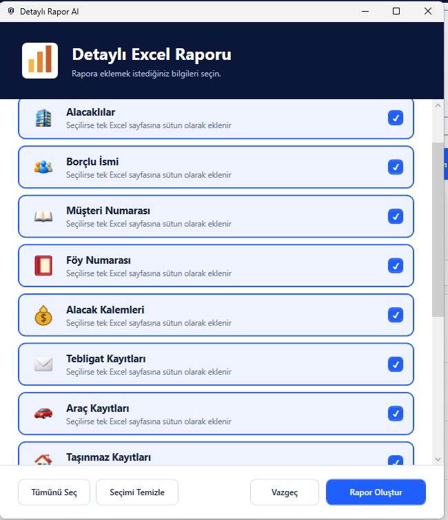 IcraDesk detaylı Excel raporu ekranı