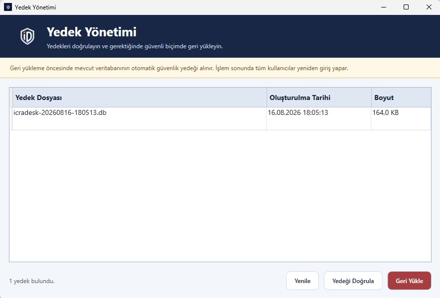 IcraDesk yedek yönetimi ekranı