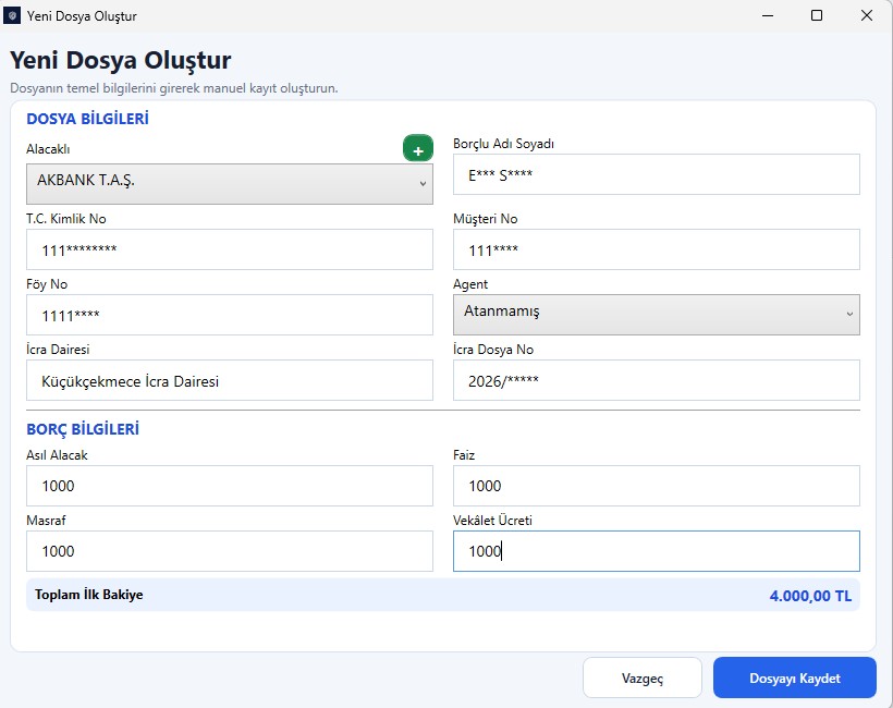 IcraDesk yeni manuel dosya oluşturma ekranı